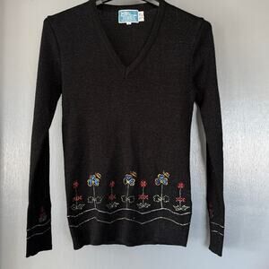 Vintage LeRoy Knitwear Black Sparkly  V-Neck Sweater sz  S Metallic Embroidery